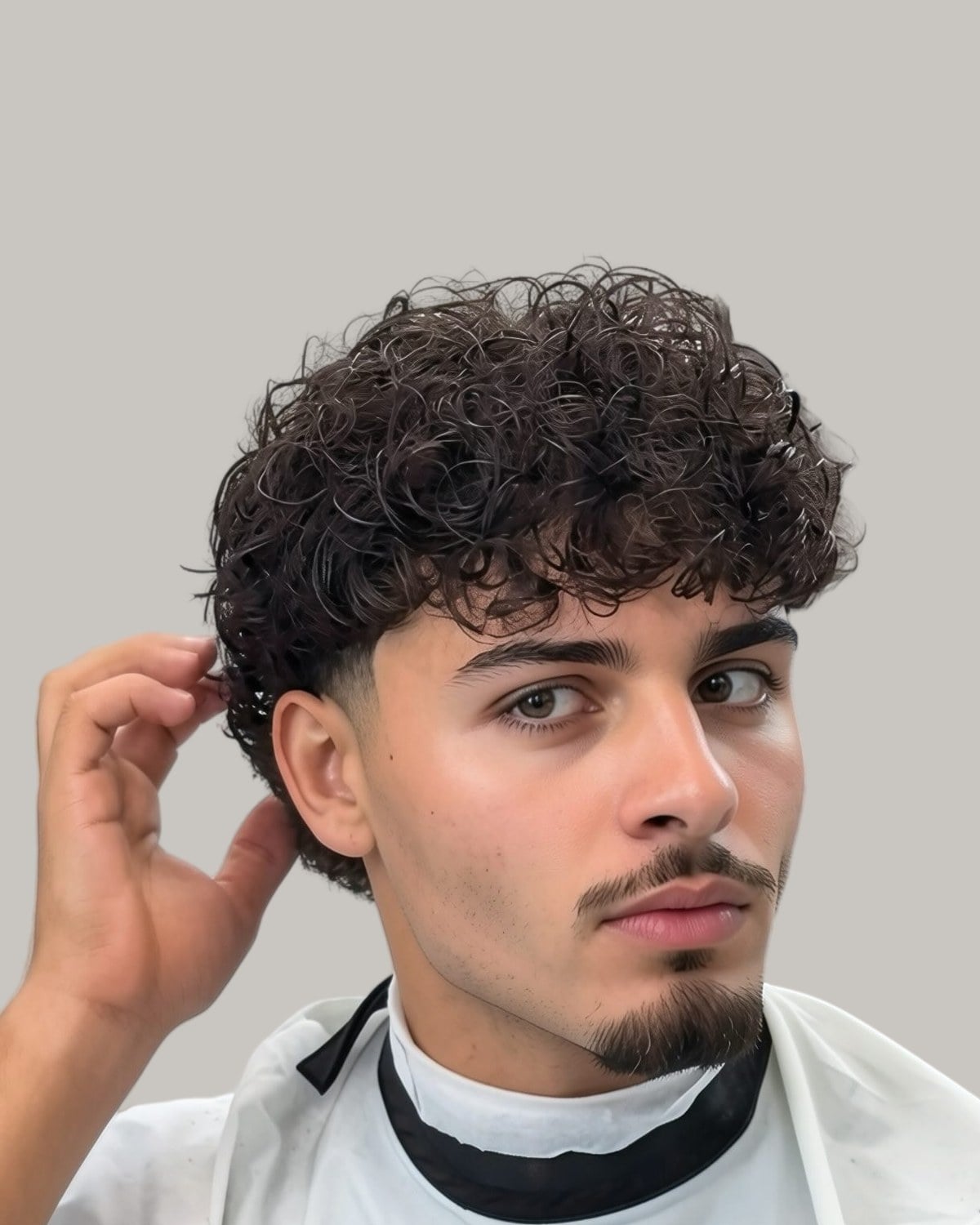 Young man with dense curls and a taper, seen from the front