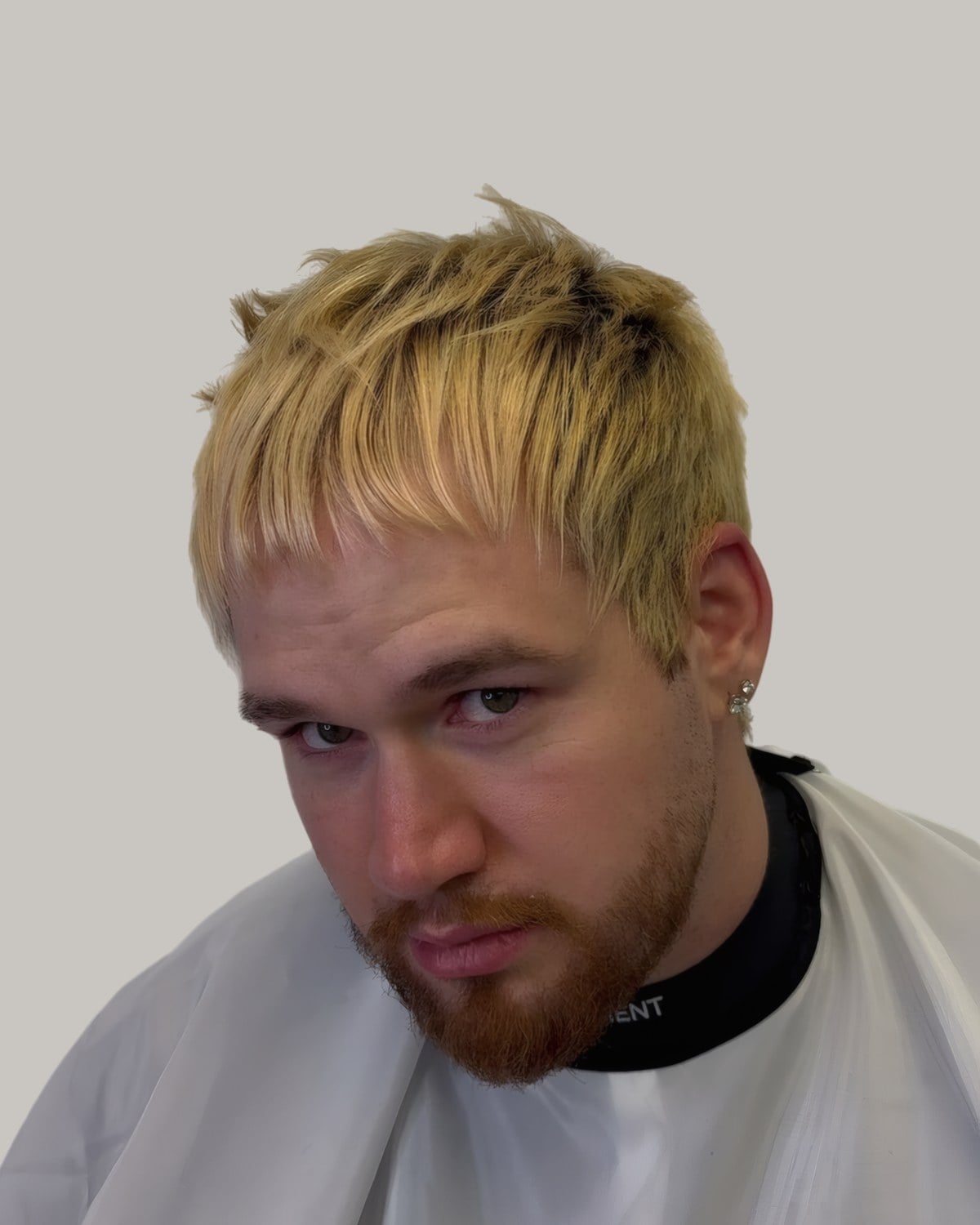 Bearded man with a bleached textured fringe, looking at the camera