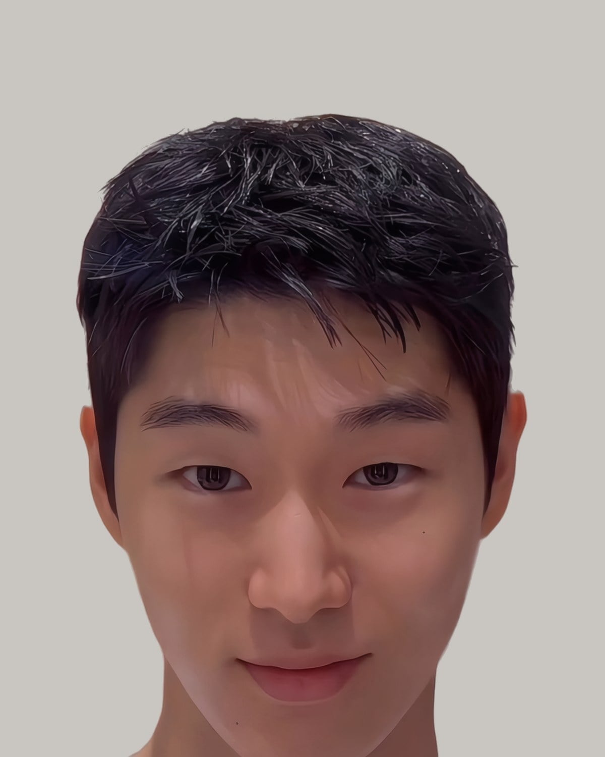 Young Asian man with a short textured fringe and a tank top, facing the camera