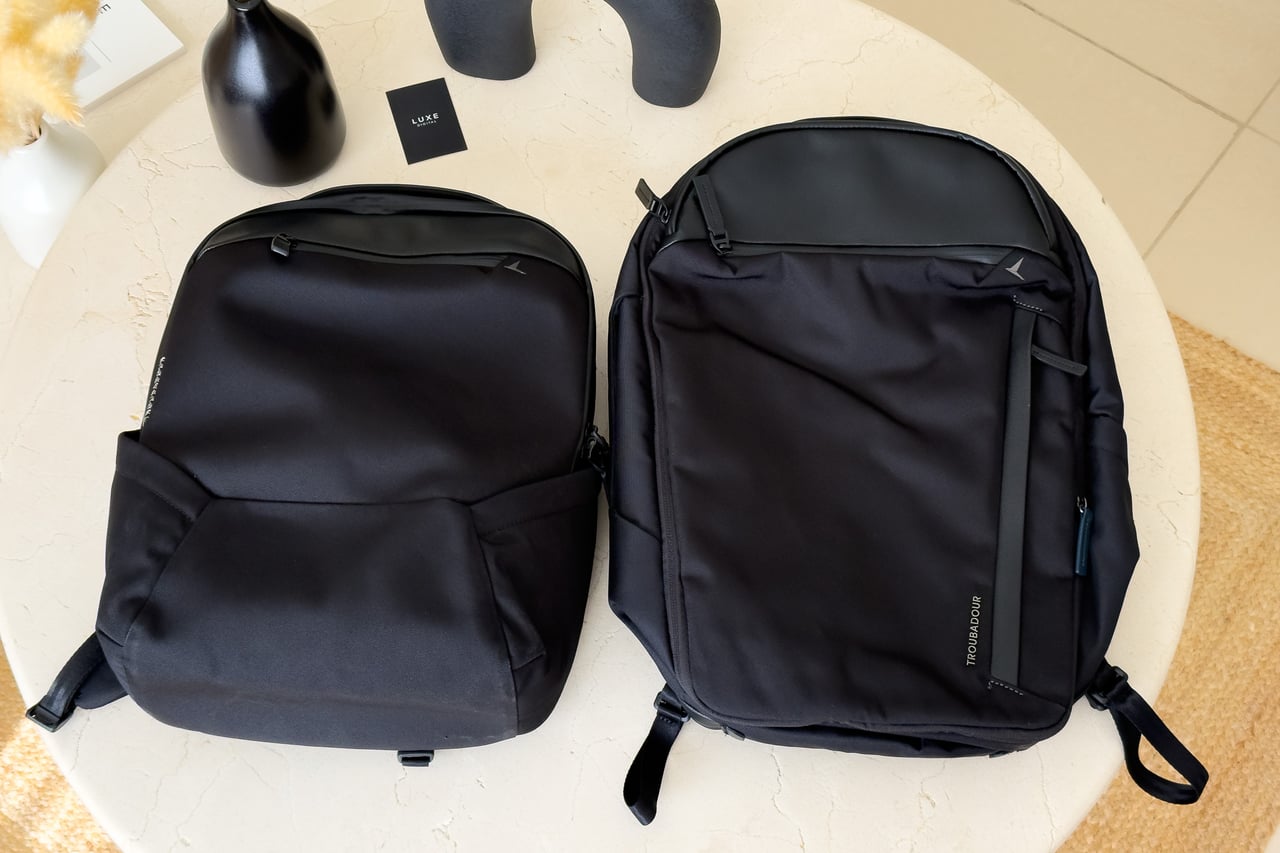 Troubadour Apex Backpack 4.0 next to the larger Apex Travel Backpack - Luxe Digital