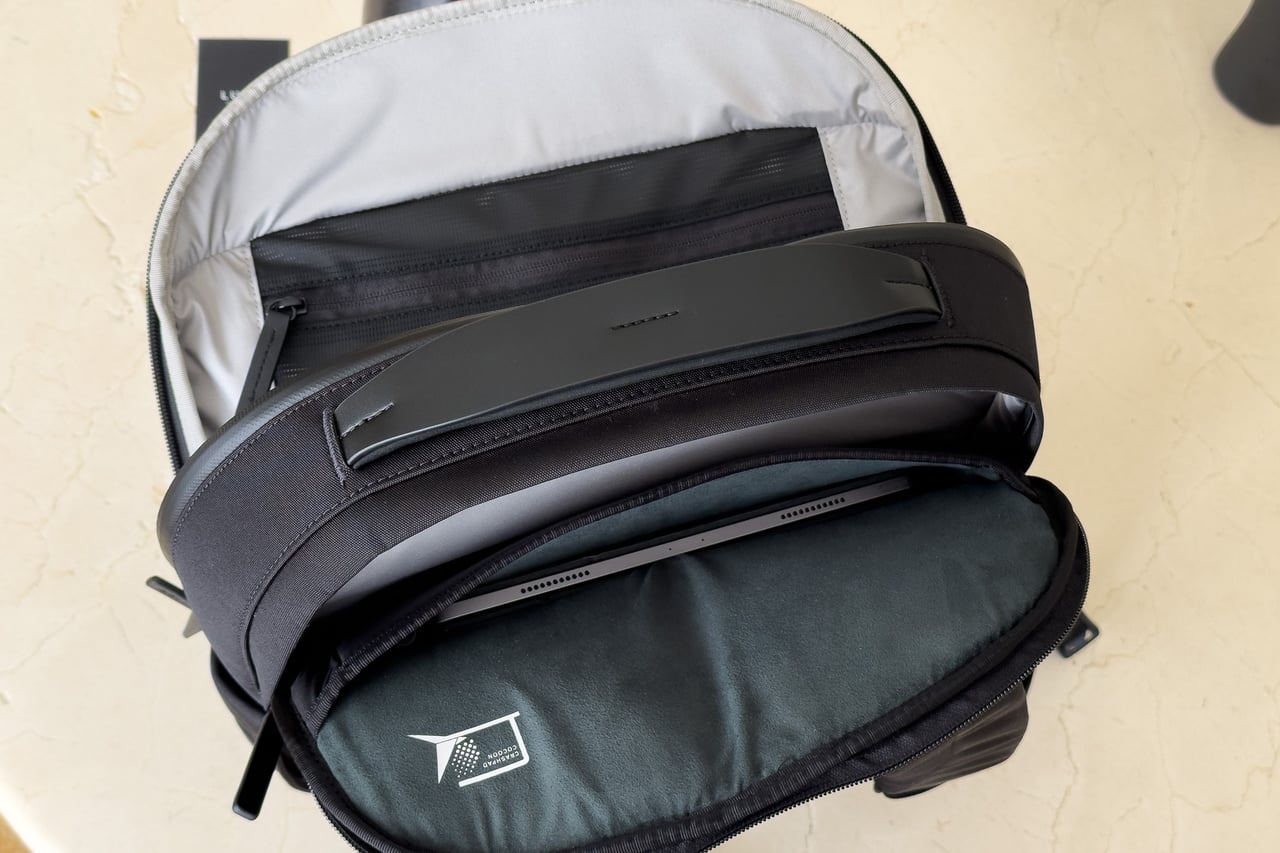 The CrashPad Cocoon laptop compartment inside the Troubadour Apex Backpack 4.0 - Luxe Digital