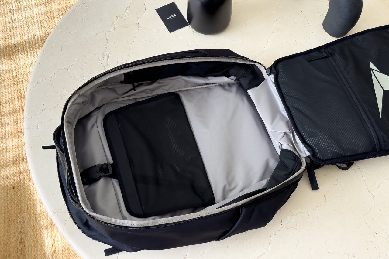 Troubadour Apex Travel Backpack main compartment opened flat - Luxe Digital