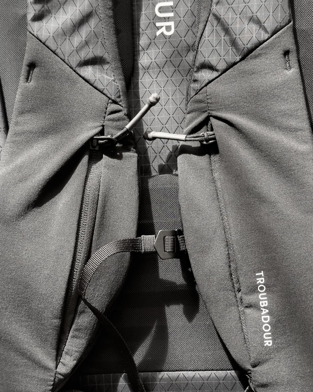 Close-up of the Troubadour Elemental Backpack's shoulder straps and chest strap buckle - Luxe Digital
