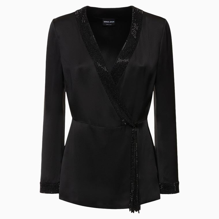 women black tie attire guide giorgio armani embellished silk satin wrap blazer - Luxe Digital