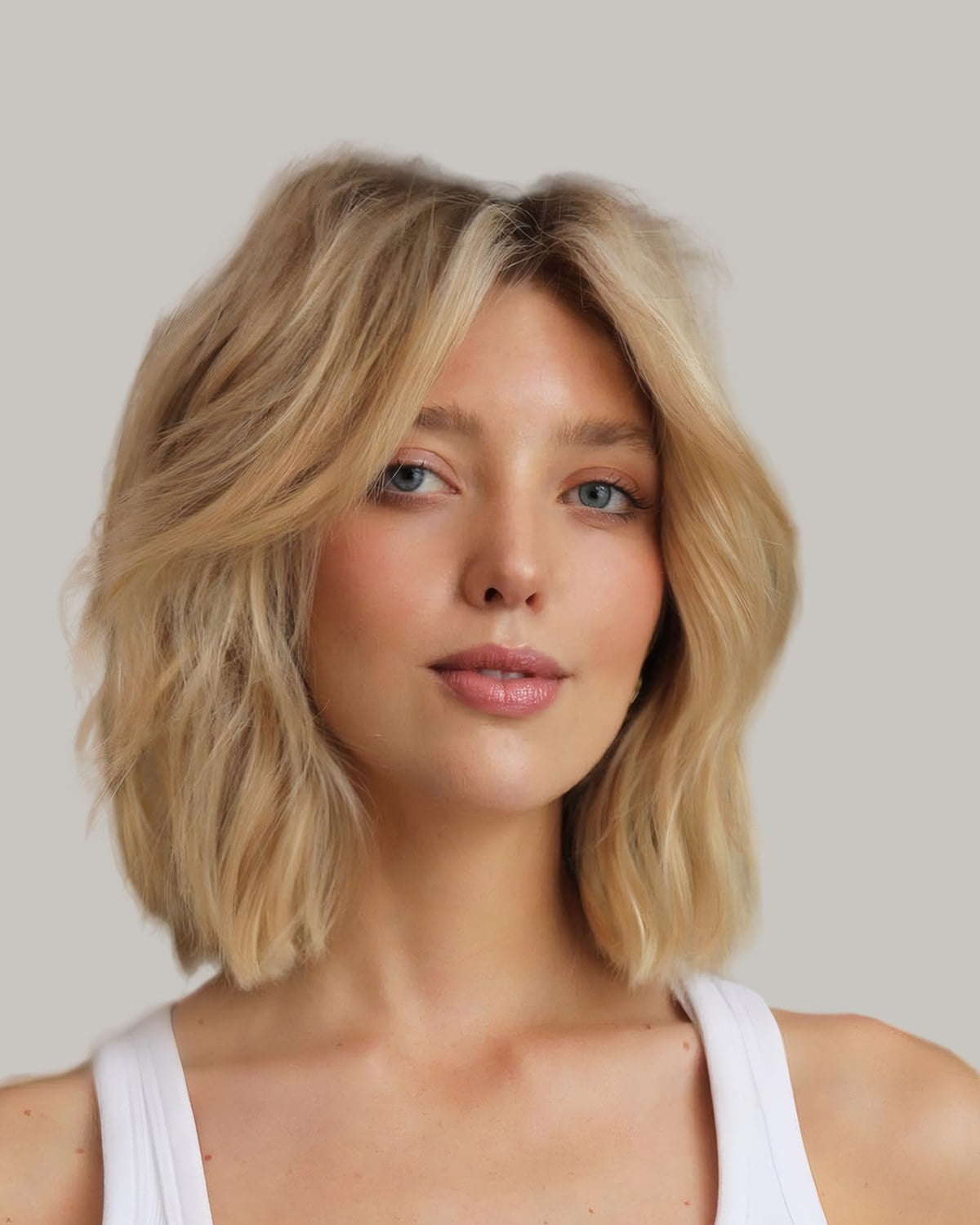 Woman with a blonde wavy lob and face-framing pieces, facing the camera