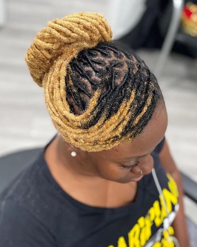 women dreadlock hairstyles blonde swirly dread bun - Luxe Digital