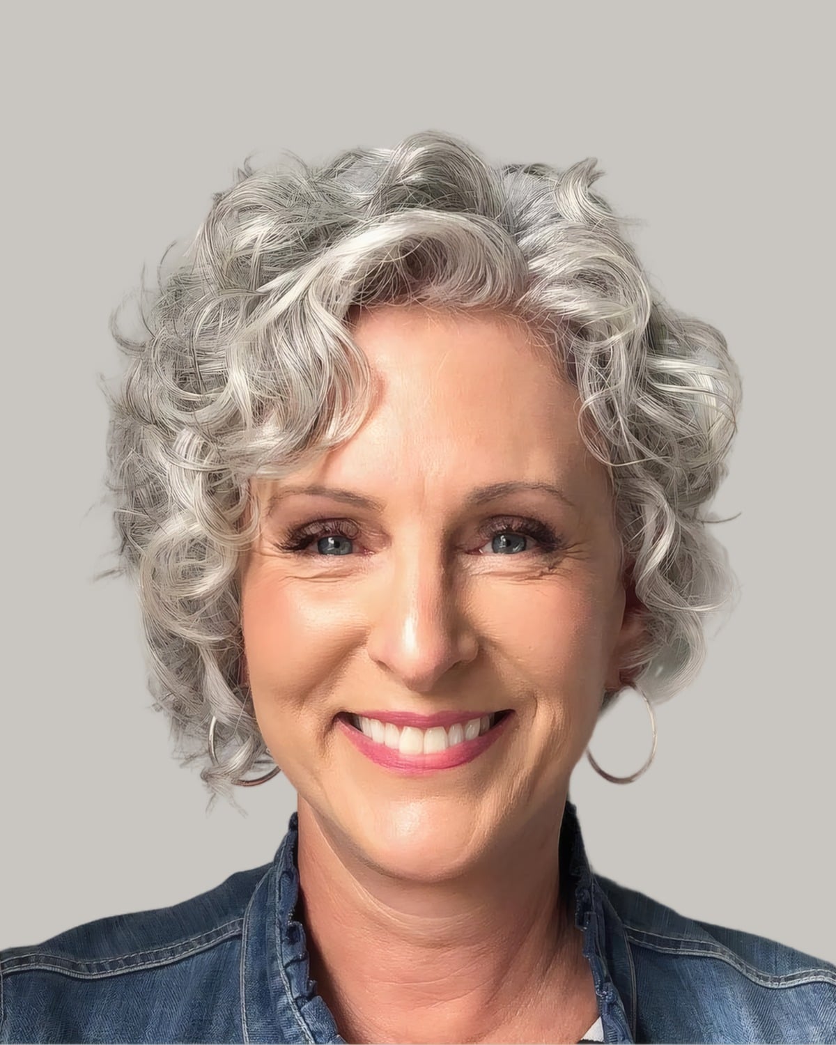 Smiling woman with a silver curly bob, in a denim jacket