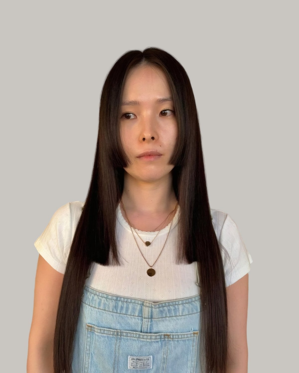 Woman with long, straight dark-brown hair, a middle part and jaw-length side panels, seen from the front