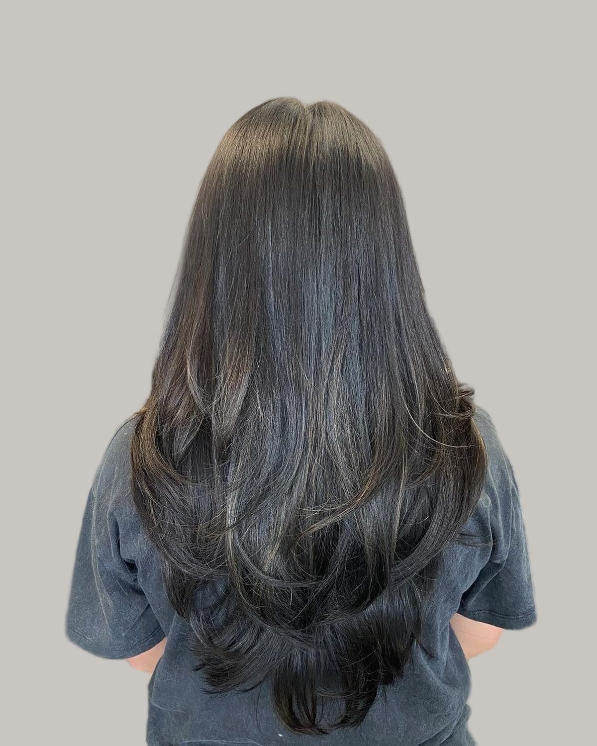 Long black hair seen from the back, with layers through the lengths