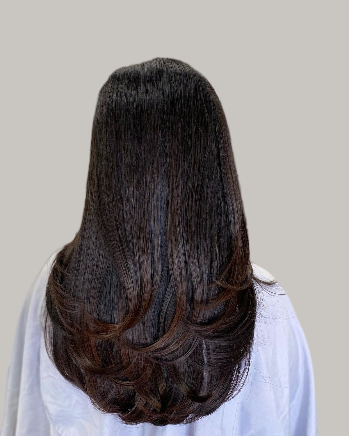 Long dark-brown hair seen from the back, with the hem curved in a U