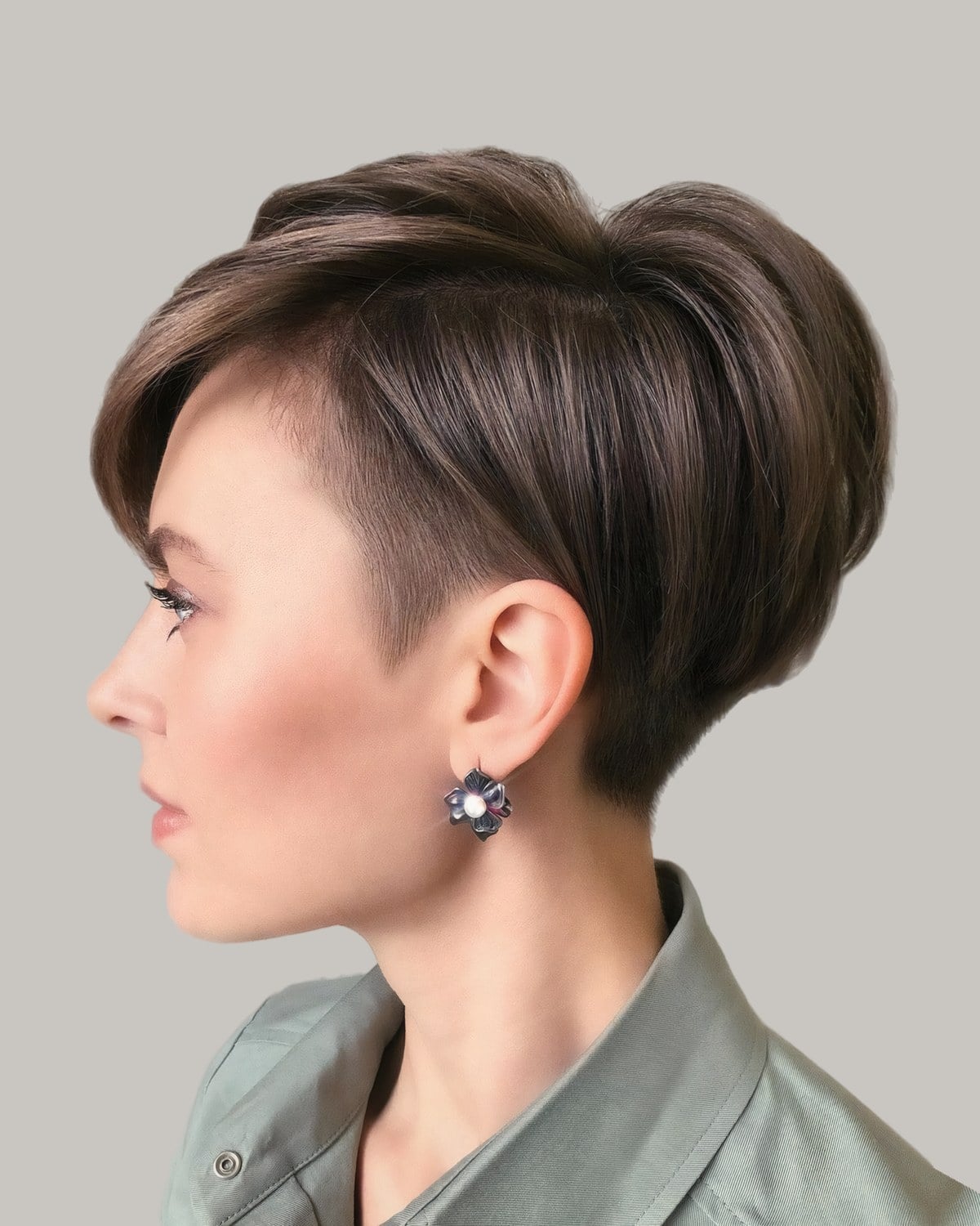 Woman with a brown undercut pixie in profile