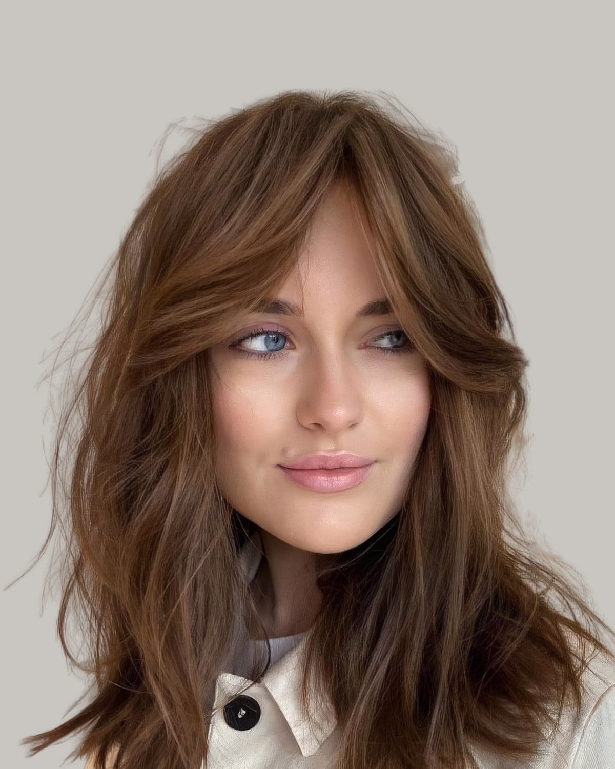 Woman with a brunette layered cut past the shoulders and long curtain bangs