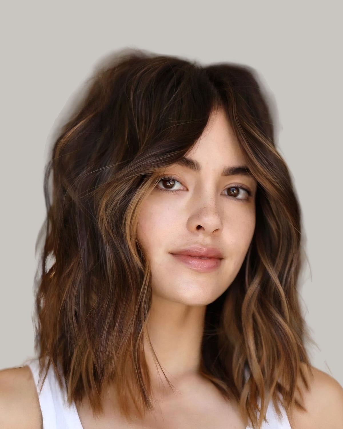 Woman with dark brown shoulder-length waves, caramel pieces and curtain bangs